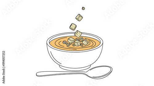 Warm bowl of delicious vegetable soup with croutons being sprinkled on top illustrates a cozy and healthy meal.
