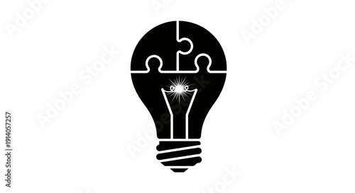 Brilliant Idea Lightbulb Puzzle with Glowing Filament, complete solution concept, isolated white background.