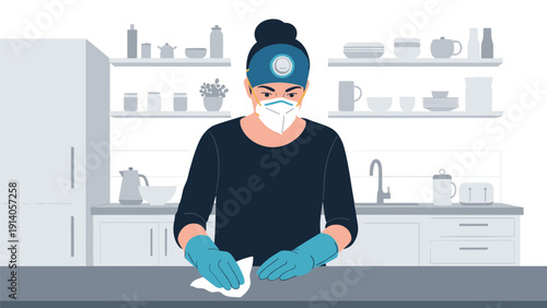 Woman wearing protective face mask and gloves carefully wipes down a kitchen counter to maintain hygiene and safety.