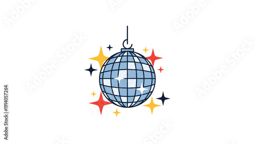 Sparkling blue disco ball hanging and surrounded by colorful twinkling stars in yellow, red, and dark blue on white.
