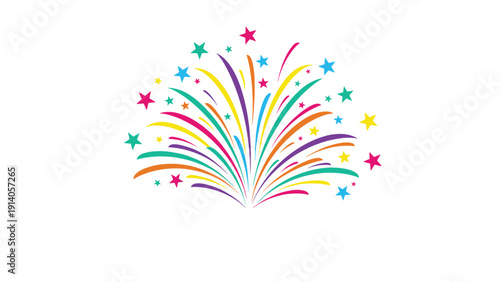 Vibrant explosion of colorful fireworks with stars radiating from the center on a plain white background for celebration.