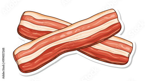 Two crispy strips of fried bacon crossed over each other with a white border showing fatty and meat layers for breakfast.