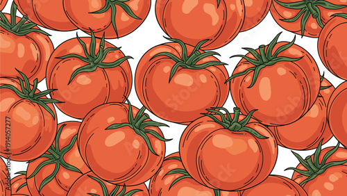 Seamless pattern featuring vibrant red tomatoes with green stems and leaves scattered across a clean white background.