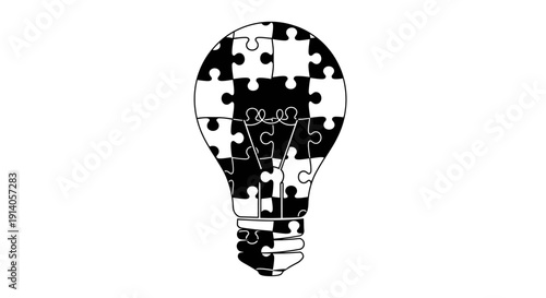 Complete Idea Lightbulb Puzzle, fully assembled with jigsaw pieces, isolated white background.