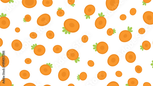 Playful pattern of sliced orange carrots and small green tops scattered randomly across a clean white background.