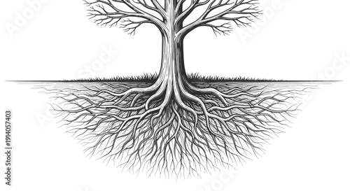 Detailed Tree Trunk with Deep and Extensive Exposed Roots on Isolated White Background, Symbolizing Foundation and Strength
