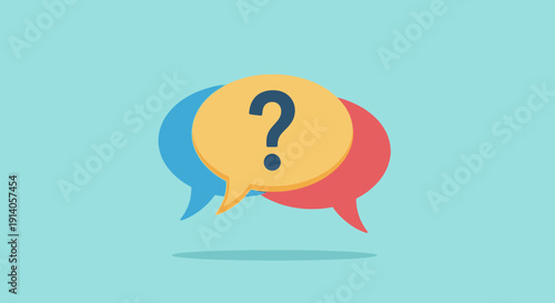 Two Speech Bubbles with a Central Question Mark on a Light Blue Background, Symbolizing Inquiry and Communication
