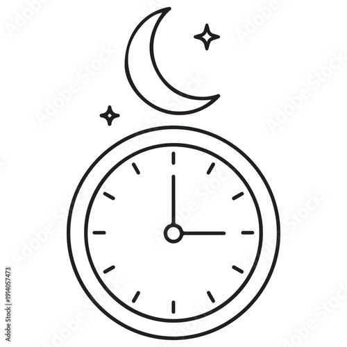 Outline icon depicting a round analog clock face with hands indicating time, positioned beneath a crescent moon and sparkling stars, symbolizing night, bedtime, or evening schedule.