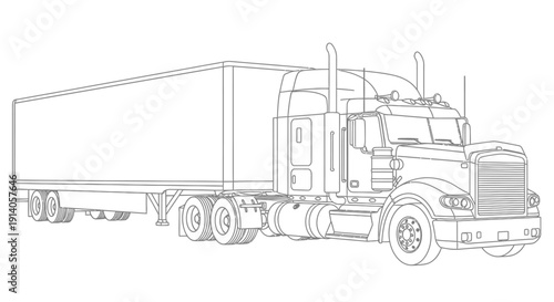 Detailed Line Art Drawing of a Semi-Truck with a Large Trailer, Representing Logistics and Transportation on an Isolated White Background