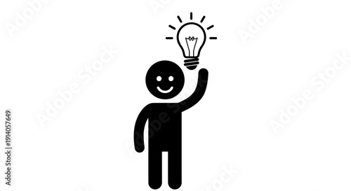 Happy Stick Figure Holding Up a Bright Light Bulb, Symbolizing a New Idea, Inspiration, and a Eureka Moment on an Isolated White Background