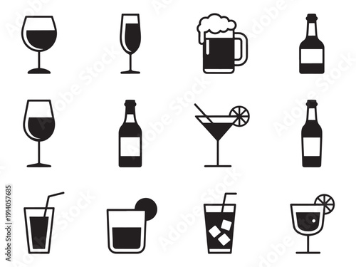 Alcohol drinks line icons wine beer cocktail vector
