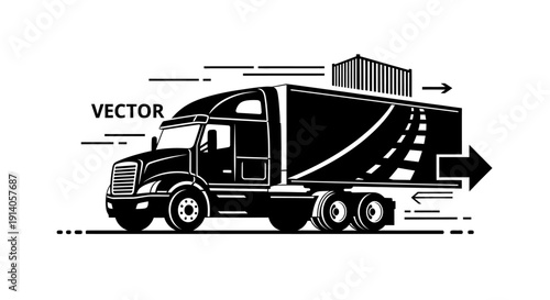 Sleek Black Semi-Truck Transporting a Cargo Container on a Dynamic Road with Abstract Movement, Depicting Logistics and Fast Delivery