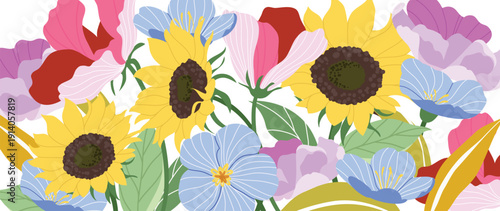 Spring and summer tulip blush floral background vector illustration with lemon and turquoise colors. Vibrant botanical design for wallpaper, banners, invitations, fabric and digital templates.