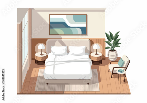 Cozy and modern bedroom interior with a large comfortable bed, bedside tables, and a stylish armchair, bathed in natural light