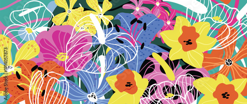 Spring and summer wildflower indigo floral background vector illustration with coral and ivory colors. Vibrant botanical design for wallpaper, banners, invitations, fabric and digital templates.