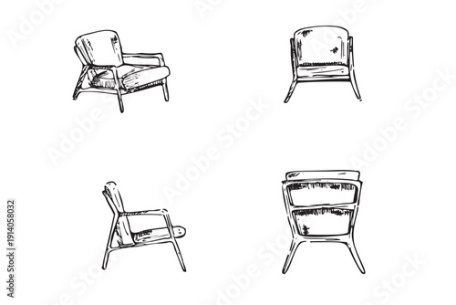 Hand-drawn armchair sketch set with perspective and side views.