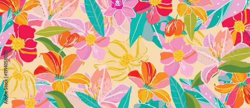 Spring and summer daisies peach floral background vector illustration with yellow and mint colors. Vibrant botanical design for wallpaper, banners, invitations, fabric and digital templates.