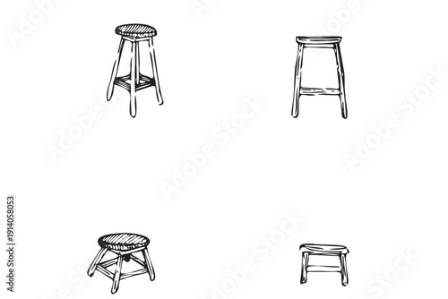 Minimalist wooden bar stool sketches showing different heights.