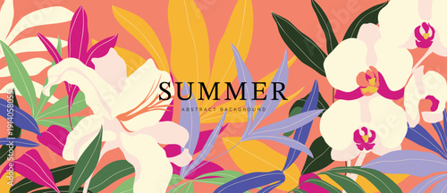 Φωτογραφία Spring and summer strelitzia sunset floral background vector illustration with orange and violet colors