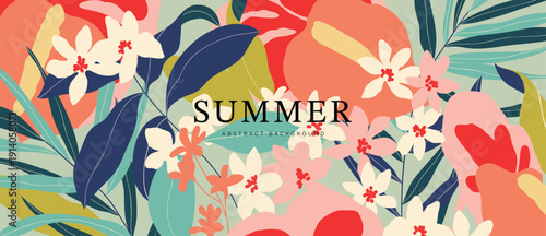 Spring and summer orchid coral floral background vector illustration with beige and teal colors. Vibrant botanical design for wallpaper, banners, invitations, fabric and digital templates.