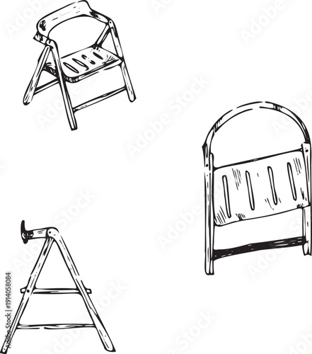 Ergonomic folding chair sketches with curved backrest.