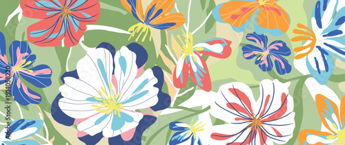 Spring and summer daisy olive floral background vector illustration with coral and turquoise colors. Vibrant botanical design for wallpaper, banners, invitations, fabric and digital templates.