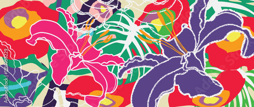 Spring and summer anemone violet floral background vector illustration with cyan and lime colors. Vibrant botanical design for wallpaper, banners, invitations, fabric and digital templates.