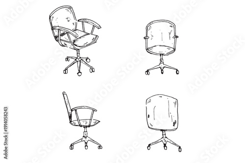 Hand-drawn office swivel chair sketch with armrests in multiple views