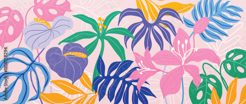 Spring and summer monstera flamingo floral background vector illustration with aqua and chartreuse colors. Vibrant botanical design for wallpaper, banners, invitations, fabric and digital templates.