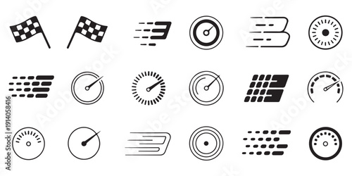 Speed and performance vector icons set with abstract motion blur, speedometer, stopwatch and racing flags