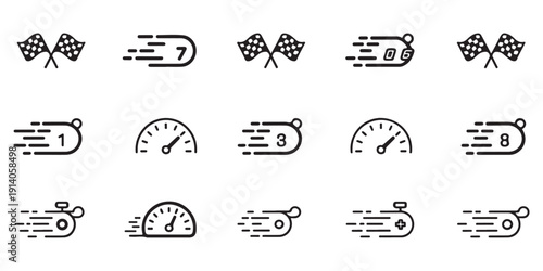 Speed icons and racing flags collection with numbers and symbols for motorsport and games