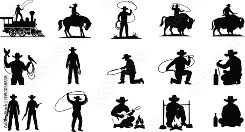 Cowboy silhouettes vector set featuring western rodeo scenes, horse riding, lasso action and campfire moments isolated on white background