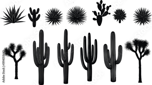 Desert cactus and succulent silhouettes vector set featuring saguaro, prickly pear and joshua tree isolated on white background