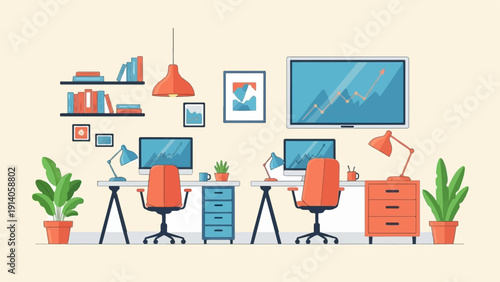 A modern office interior with two workstations, computers displaying graphs, and decorative plants