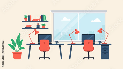 A modern office interior with two workstations, a large window, and plants. Flat vector design