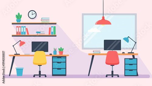A modern office interior with two organized workstations, illustrated in a colorful flat design style