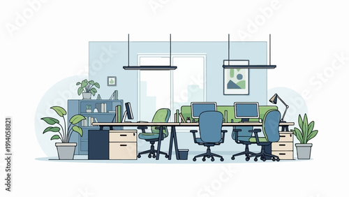 A modern open-plan office illustration with workstations, computers, and lush green houseplants
