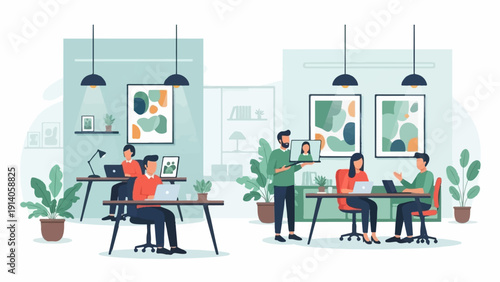 A modern office scene with colleagues working at desks, some participating in a video call