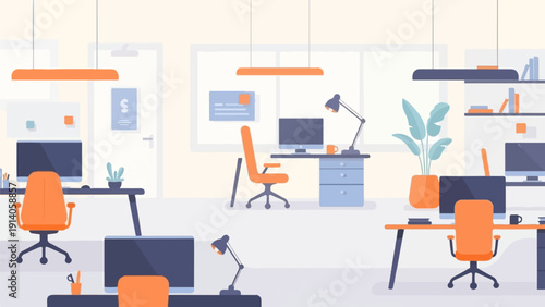 A modern, open-plan office interior with desks, computers, and orange chairs. Flat vector illustration