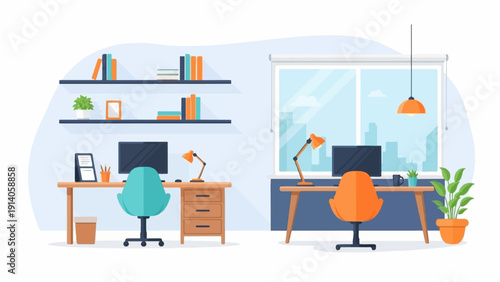 A modern office interior with two workstations, desks, chairs, computers, and a large window view