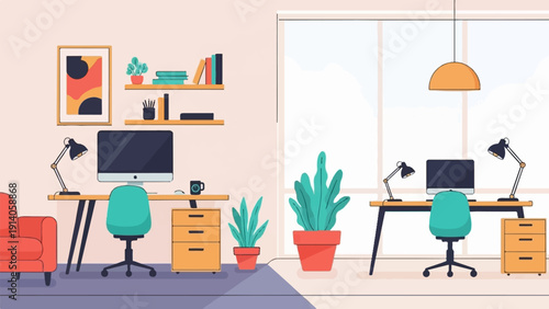 A split illustration comparing a cozy home office setup with a modern corporate office workspace