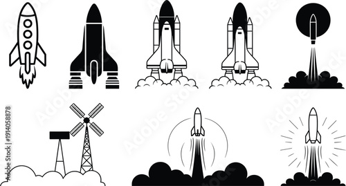 Black vector silhouette set of space rockets and shuttles launching into orbit for science exploration galactic travel aerospace technology and futuristic branding design,