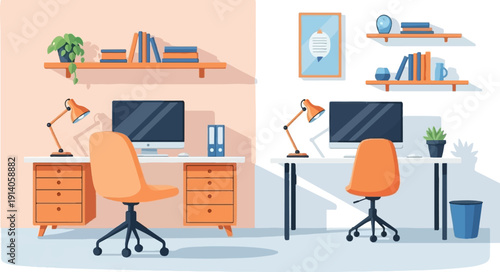 A split illustration of two modern office workspaces, one cozy and one minimalist, side-by-side