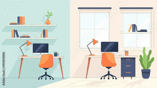 A split illustration of two modern home office workspaces with desks, computers, and orange chairs