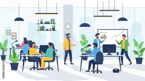 A vibrant illustration of a modern office with diverse colleagues collaborating and working on projects