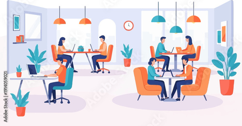 A vibrant, modern co-working space with diverse people working on laptops at desks and tables