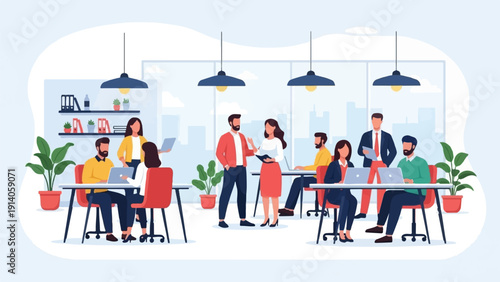 Diverse colleagues collaborating and working on laptops in a modern, open-plan office environment