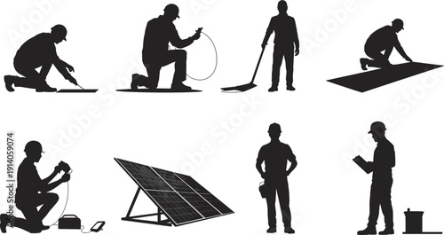 Black vector silhouette set of professional solar panel installers and technicians for renewable energy construction sustainable engineering green technology and environmental power branding design,