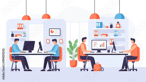 Four colleagues working on computers in a modern, open-plan office. Flat vector illustration