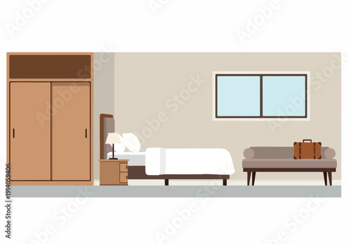 Modern Bedroom Interior Scene With Bed, Wardrobe, Sofa, And Luggage, Offering A Stylish And Functional Living Space
